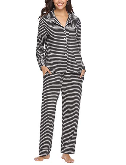 Hawiton Womens Cotton Long Sleeve Pajamas Set Stripes PJ Sleepwear with Pockets