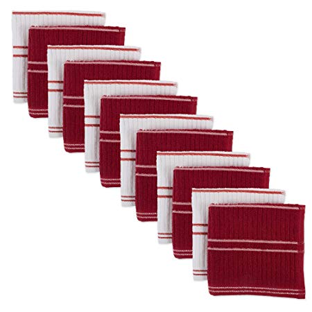 Ribbed Terry Kitchen Dish Cloths (13x13" Set of 12 - Assorted Red & White) Absorbent & Durable for Cleaning Countertops, Dusting, or Washing Dishes