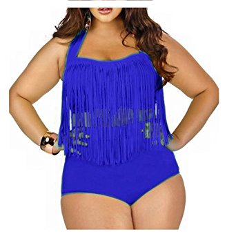 Creabygirls Womens Plus Size Print High Waist Two Piece Tassel Swimsuits