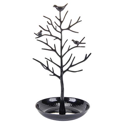 ChezMax Antique Birds Tree Stand Jewelry Display Necklace Earring Bracelet Holder Organizer Rack Tower, Black, 11.8 Inch