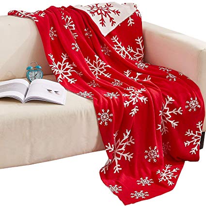 NTBAY 100% Cotton Cable Knit Throw Blanket Super Soft Warm with Snowflakes Pattern Design(51"x 67", Red and White)