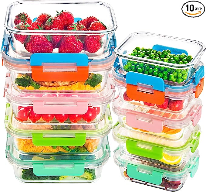 10 Pack Meal Prep Containers with Lids Airtight Glass Food Storage Containers Leak Proof Glass Lunch Containers (34oz & 12oz) - Set of 5 Colors