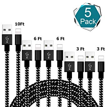 iPhone Charger,MFi Certified Lightning Cable,[5-Packs](3/3/6/6/10FT) Extra Long Nylon Braided Charging&Syncing Cord Compatible with iPhone Xs/XR/XS Max/X/7/7Plus/8/8Plus/6S/6SPlus/5(Black&White)
