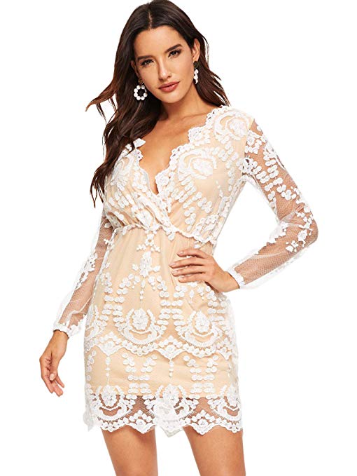 ROMWE Women's Plunging V Neck Embroidered Mesh Long Sleeve Cocktail Short Dress