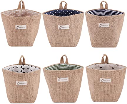 Foraineam 6 Pack Mini Hanging Storage Bag Cotton Linen Decorative Wall-Hanging Basket Organizer Collapsible Box Bin Bags for Wall Door Closet