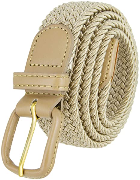 Braided Woven Elastic Stretch Belt With Matching Leather Covered Buckle