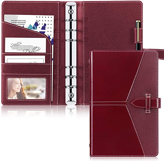 Toplive Leather A6 Binder,6 Round Ring Binder Planner Notebook Cover for A6 Filler Paper(Inner Paper Not Included),Wine Red