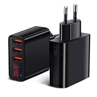 Europe Travel Charger Adapter, Besgoods 2-Pack 3.4A/5V 3-Port USB Wall Charger Fast Charge Block with LED Display, Compatible with iPhone, iPad, Tablet, Samsung Galaxy S9 S8 Note, HTC, LG - Black