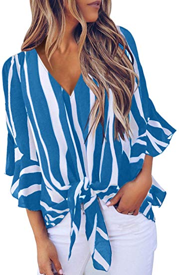 FARYSAYS Women's Striped 3/4 Bell Sleeve Off The Shoulder Front Tie Knot T Shirt Tops Blouse