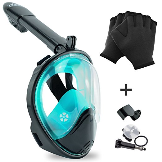 ZOKITA Snorkel & Mask Set, Easy Breath, Anti Fog, Anti Leak Full Face Snorkeling Goggles with Removable Cam Mount for GoPro or Underwater Camera, Panoramic 180° Clear View & Bonus Swimming Gloves