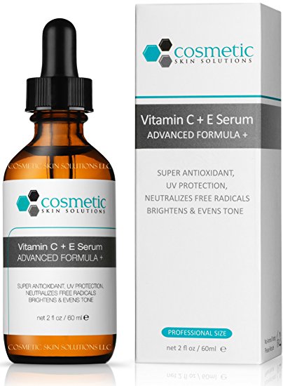 Pro Size Vitamin C+E Serum Advanced Formula + 2 oz / 60 ml - 15% Vitamin C, 1% Vitamin E, 0.5% Ferulic acid, and hyaluronic acid. Super Antioxidant, UV Protection, Neutralizes Free Radicals, Brightens & Evens Tone