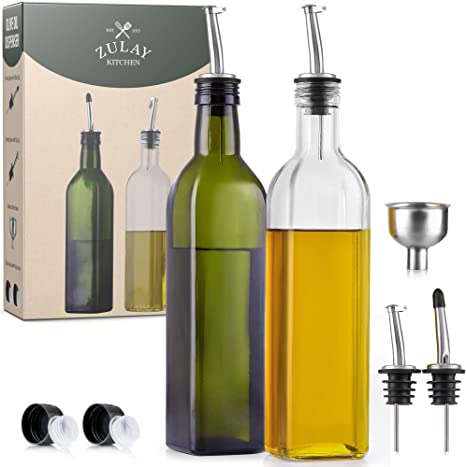 (2 pack) Zulay 17oz Olive Oil Dispenser Bottle For Kitchen - Glass Olive Oil Bottles With 2 Spouts, 2 Removable Corks, 2 Caps, & 1 Funnel - Oil Bottle For Kitchen & Storing Liquids