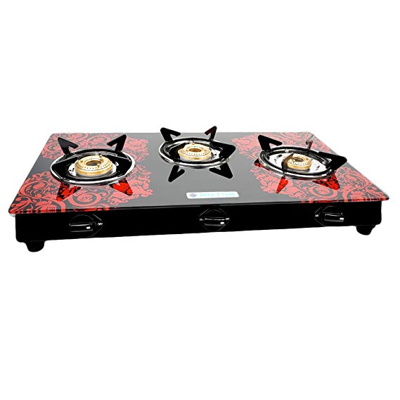 MILTON Premium 3 Burner Glass Top (Red) Gas Stove with MS Frame & Brass Burners (ISI Certified)