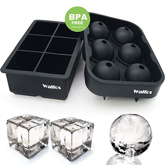 WALFOS 100% Food Grade Silicone Ice Cube Tray Combo Molds - Set of 2, Sphere/Round Ice Ball Maker & Large Square Molds, BPA Free and Fairly Easy to Remove From Mold