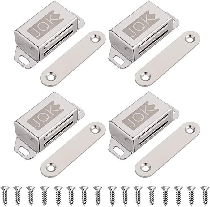 JQK Magnetic Cabinet Door Catch, Stainless Steel Closet Catches with Strong Magnetic, 1.2mm Thickness Furniture Latch 20 lbs (Pack of 4), CC101-P4