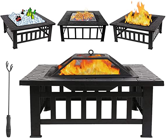 Multifunctional Outdoor Fire Pit Table, 32in Square Metal Firepit Wood Burning Stove with Mesh Spark Screen Cover, Outdoor Heating, Fire Poker for Outside Backyard Bonfire Patio Camping Picnic