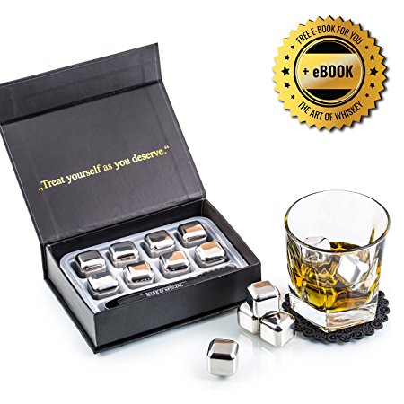 Exclusive Stainless Steel Whisky Stones Gift Set - High Cooling Technology - Reusable Whisky Ice Cubes - Whisky Rocks Set - Whiskey Chilling Stones with Coasters   Stainless Steel Tongs by Amerigo