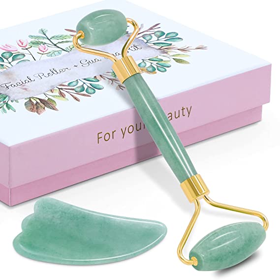 APOKE Gua Sha Set,100% Real Jade Roller for Face and Body Skin, Gua Sha Massage Tool Reduces Eye, Face Puffiness, Fine Lines and Wrinkles, Relaxing Muscles, Lymphatic Drainage Massage Jade Roller Kit