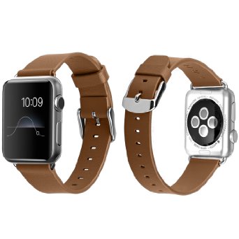 Apple Watch Band JampD 38mm Genuine Leather Strap Wrist Band Replacement w Metal Clasp Adapter for Apple Watch All Models 38mm Normal Size - Leather Brown