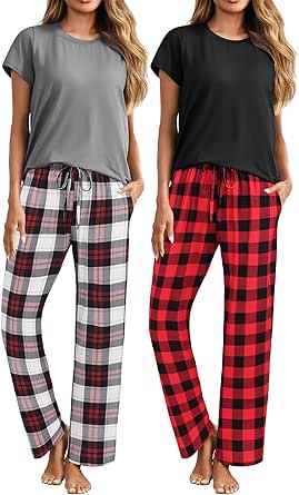 Ekouaer 2 Pack Womens Pajama Sets Short Sleeve Sleepwear Top and Pants 4 Piece Pjs Lounge Sets with Pockets