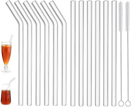 ALINK Reusable Glass Straws, 12-Pack Clear Glass Drinking Straw for Smoothies, Cocktail, Tea, Milkshakes with 2 Cleaning Brush - 8.5 inch x 10 mm