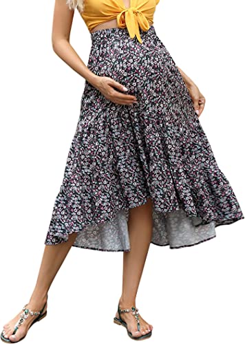 Coolmee Maternity Dress Women's High Waist Floral Print Pleated Maxi Skirt Casual Flowy Swing A Line Long Skirts