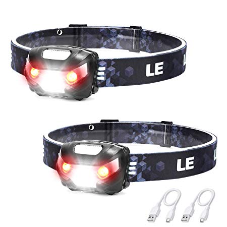 LED Rechargeable Headlamp Flashlights, Headlights with 5 Lighting Modes, Adjustable and Comfortable for Kids and Adults, Easy to Use, Perfect for Running, Camping, Hiking and More, Pack of 2