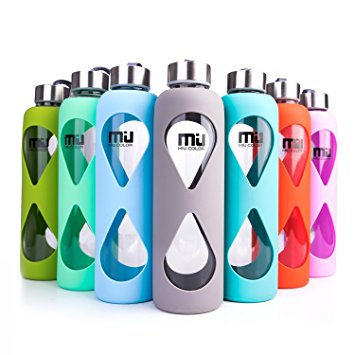 MIU COLOR Glass Water Bottle - Anti-slip Silicone Sleeve with Eco-friendly Shatter Resistant Borosilicate Glass Bottle, BPA, PVC, Plastic and Lead Free, 18oz, Plume