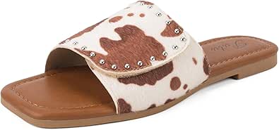 Putu Women's Flat Sandals Studded Slide Sandals Animal Print Western Sandals