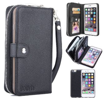 iPhone 6S Plus Case, Bellivin Large Capacity Zipper Clutch Case with Detachable Folio & Strap, Premium Litchi Pattern Vegan Leather Wristlet Wallet, for iPhone 6 Plus / 6s Plus (Litchi Black 5.5")