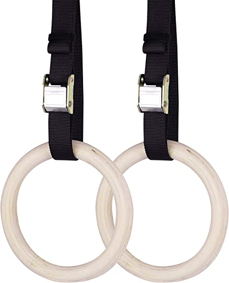 Navaris Wooden Gymnastic Rings - Pair of Wood Gym Fitness Workout Pull Up Rings with 6m Adjustable Straps - Set of 2 Fitness Gymnast Calisthenic Rings