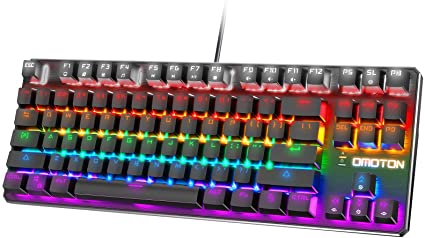 OMOTON Mechanical Gaming Keyboard, Blue Switch Rainbow Backlit Wired Keyboard, 87-Key Anti-Ghosting Tenkeyless Keyboard for PC, Gamer Computer, Desktop, Black