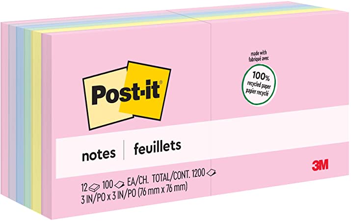 Post-it Greener Notes, 3x3 in, 12 Pads, America's #1 Favorite Sticky Notes, Helsinki Collection, Pastel Colors (Pink, Blue, Mint, Yellow), Clean Removal, 100% Recycled Material (654-RP-A)