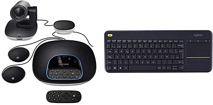 Logitech Group Video Conferencing Bundle with Expansion Mics for Big Meeting Rooms Bundle with Logitech K400 Plus Wireless Touch TV Keyboard with Easy Media Control and Built-in Touchpad