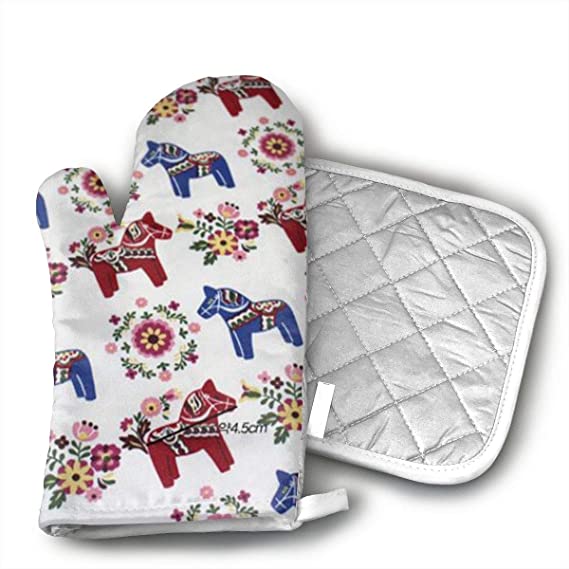 Floral Swedish Dala Horses Oven Mitts and Potholders (2-Piece Sets) - Kitchen Set with Cotton Heat Resistant,Oven Gloves for BBQ Cooking Baking Grilling