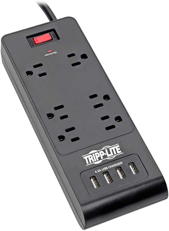 Tripp Lite 6 Outlet Surge Protector Power Strip with 4 USB Ports (4.2A Shared), 900 Joules, Black, 6 ft. (TLP664USBB)