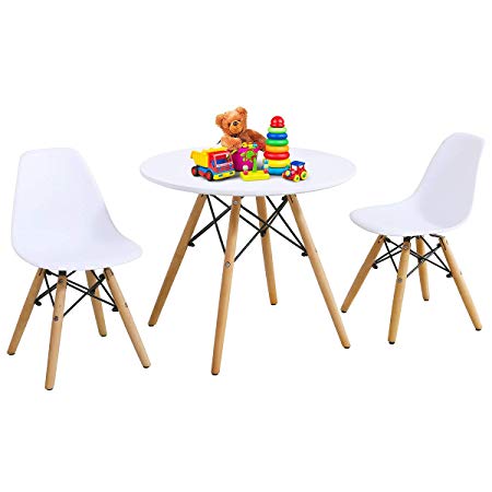 Costzon Kids Table and Chair Set, Kids Mid-Century Modern Style Table Set for Toddler Children, Kids Dining Table and Chair Set, 3-Piece Set (White, Table & 2 Chairs)