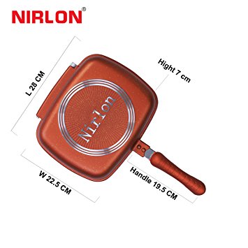 NIRLON Double Sided Ceramic Coated, Magic Pan Gas Grill Fryer Pan , Flip Pan, Dishwasher Safe, PFOA-free, (JumboSquared Grill) 28cm Strong Magnetic Handles, Silicone Gasket, Smart Oil Tray