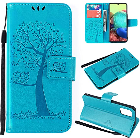 Kakaly For Samsung Galaxy A71 Phone Case - A71 Phone Case 3D Tree Embossed Magnetic Closure Card Slot Kickstand Silicone Full Protection Shockproof PU Leather Flip Wallet Phone Case Cover Blue