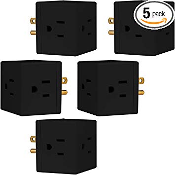 GE 3 Outlet Wall Tap, 5 Pack, Extra-Wide Adapter Spaced, Grounded, Easy Access Design, Indoor, Black, 47039