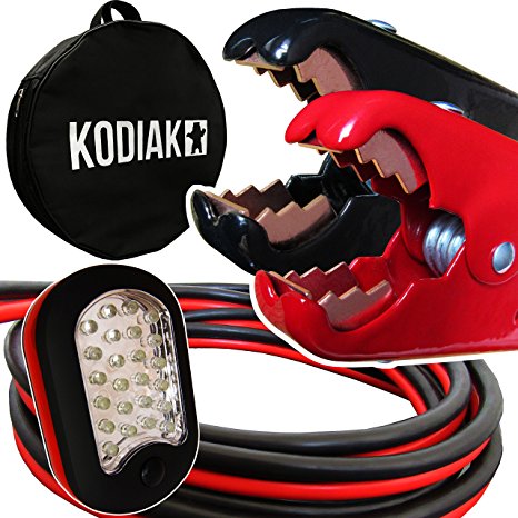 Kodiak Auto Heavy Duty 1 Gauge x 25 Ft Jumper Cables with Bag [Bonus Magnetic LED Flashlight] - Boost from Behind Another Vehicle - 800 Amp Battery Booster Cable for Car & Truck (1 AWG x 25 Feet )