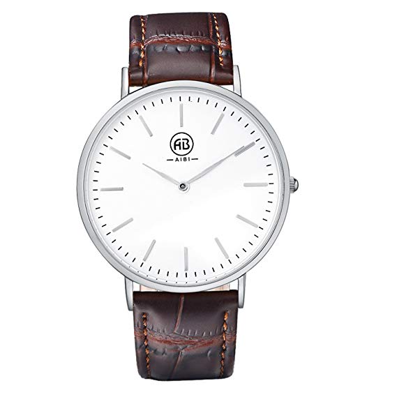 AIBI Men's Watch Brown Genuine Leather 3ATM Waterproof White Case Analog Quartz Dress Watch for Men