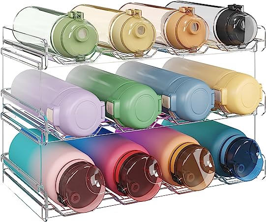 Lifewit Stackable Water Bottle Organizer for Cabinet, Water Bottle Holder, Kitchen Pantry Organization and Storage, Plastic Fridge Wine Racks, Tumbler Travel Mug Cup Holder, 3Pack, Hold 12 Bottles