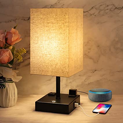 Touch Table Lamp, 3 Way Dimmable Touch Lamp Bedside Lamp with 2 USB Charging Ports and 2 AC Outlets, Modern Nightstand Lamps Bedroom Lamp for Bedroom Living Room Reading Office, LED Bulb Included