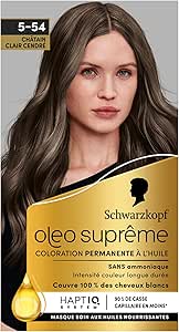 Schwarzkopf – Oleo Suprême – Coloration Permanente à l’Huile – Couleur et Eclat Longue Durée – sans Ammoniaque – Couvre 100% des Cheveux Blancs – HaptIQ Système – Châtain Clair Cendré 5-54