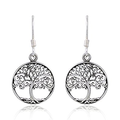 925 Sterling Silver Filigree Tree of Life Round Dangle Earrings