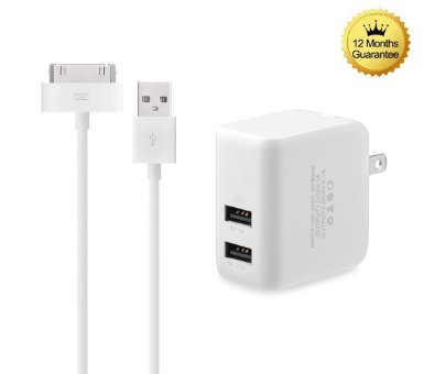 Eaglewood TM 15W 31A Dual Port High Speed USB Wall Charger Travel Power Adapter with Extra Long USB to 30 Pin Charging Cable Power Cord for iPhone 4s  iPod Touch 34 iPad 23 White