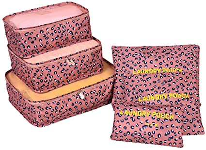 6 sets travel Organizers Packing Cubes Luggage Organizers Compression Pouches (Pink Leopard)