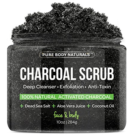 Charcoal Scrub with Coconut Oil - 10 oz. Facial Scrub, Pore Minimizer & Reduces Wrinkles, Acne Scars, Blackheads & Anti Cellulite Treatment, Great as Body Scrub, Body & Face Cleanser