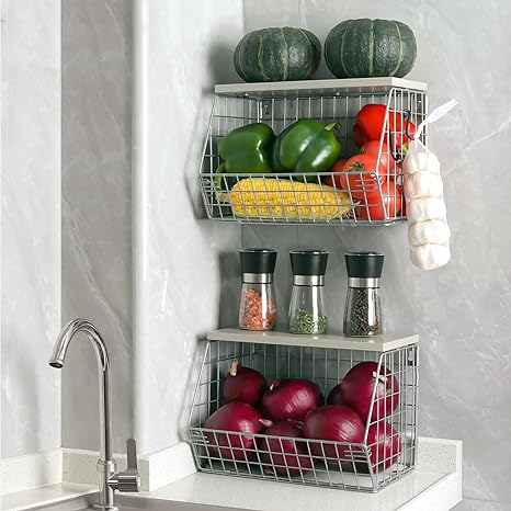 Mefirt 2pcs Silver Fruit Basket, Stackable Wall Mounted Pantry Organizers and Storage Basket with Wood Lid Top - Kitchen Hanging Wire Basket for Storage Bread, Cans, Snack, Fruit, Vegetable